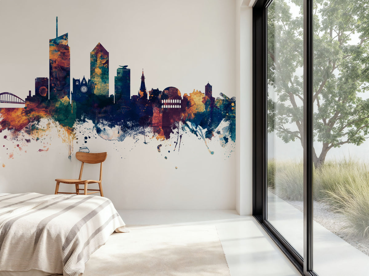 Lyon France Skyline Blue & Bronze Mural Wallpaper - room preview 05