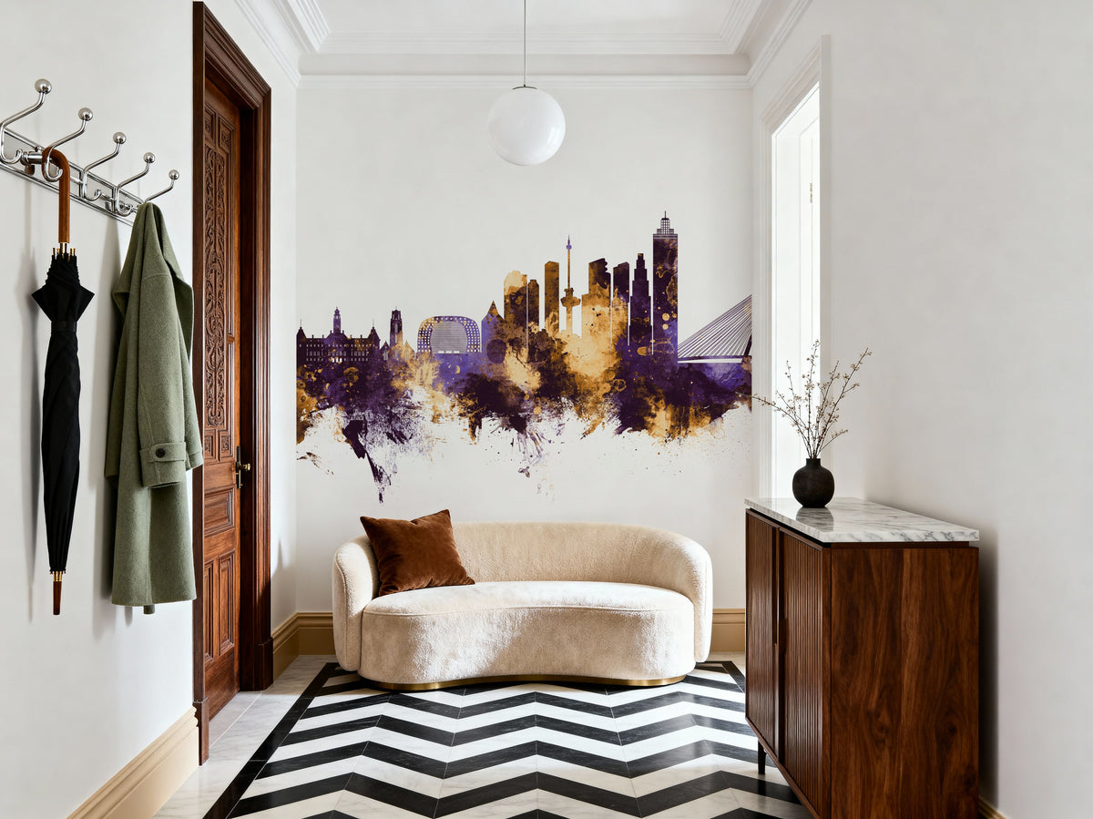 Rotterdam the Netherands Skyline Purple & Gold Mural Wallpaper - room preview 05