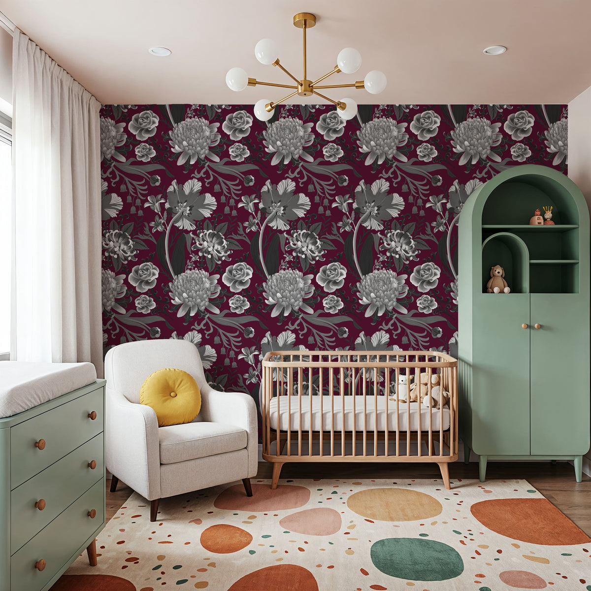 Rococo Chysatemums, Stone on Wine Mural Wallpaper - room preview 05