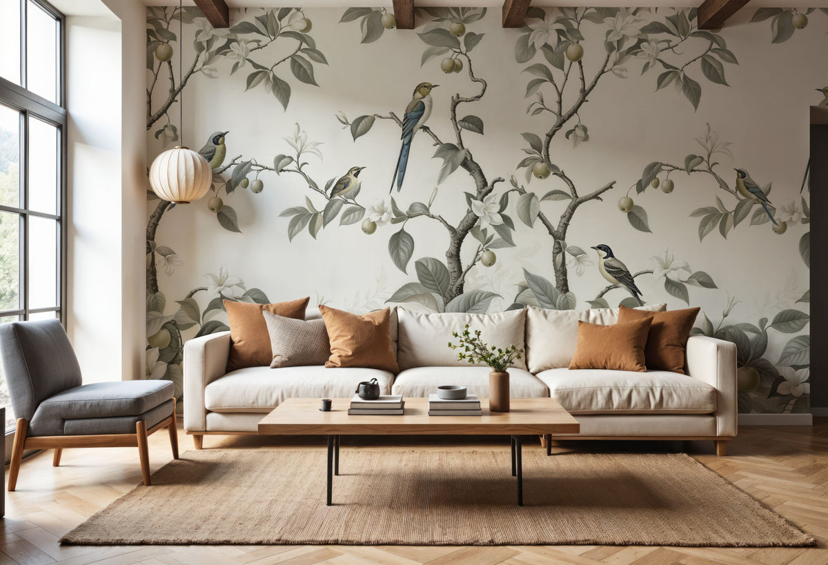 Bird Harmony, Muted Mural Wallpaper - room preview 05