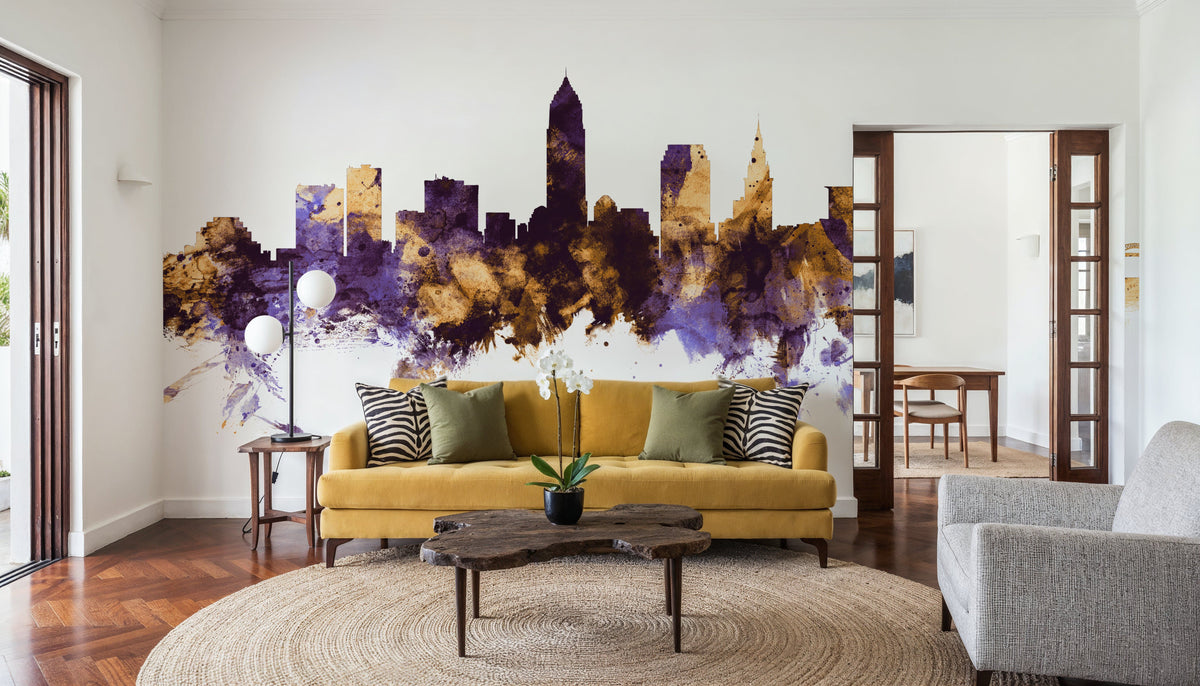 Cleveland Ohio Skyline Purple & Gold Mural Wallpaper - room preview 05