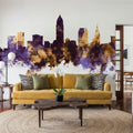 Cleveland Ohio Skyline Purple & Gold Mural Wallpaper - room preview 05