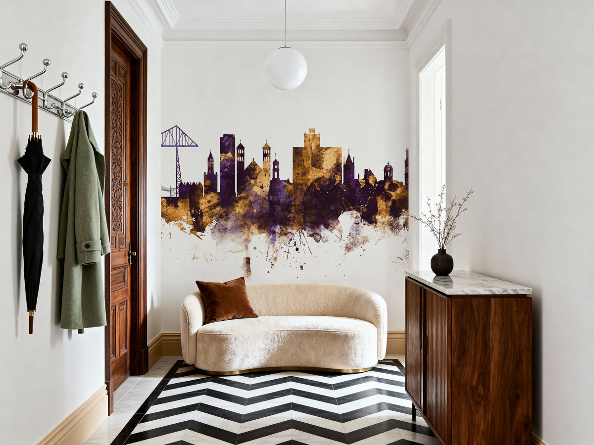 Middlesbrough England Skyline Purple & Gold Mural Wallpaper - room preview 05