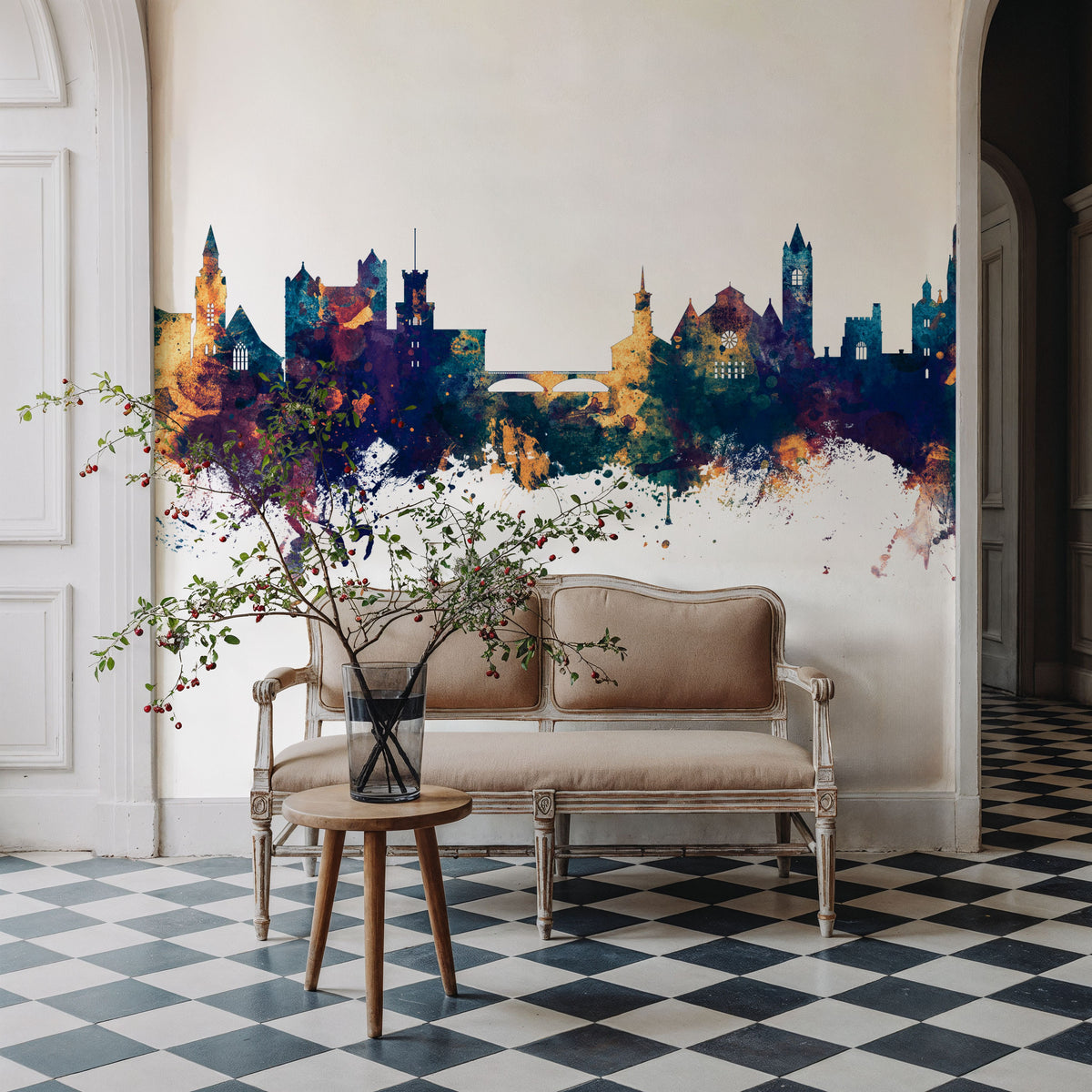 Nashua New Hampshire Skyline Blue & Bronze Mural Wallpaper - room preview 05