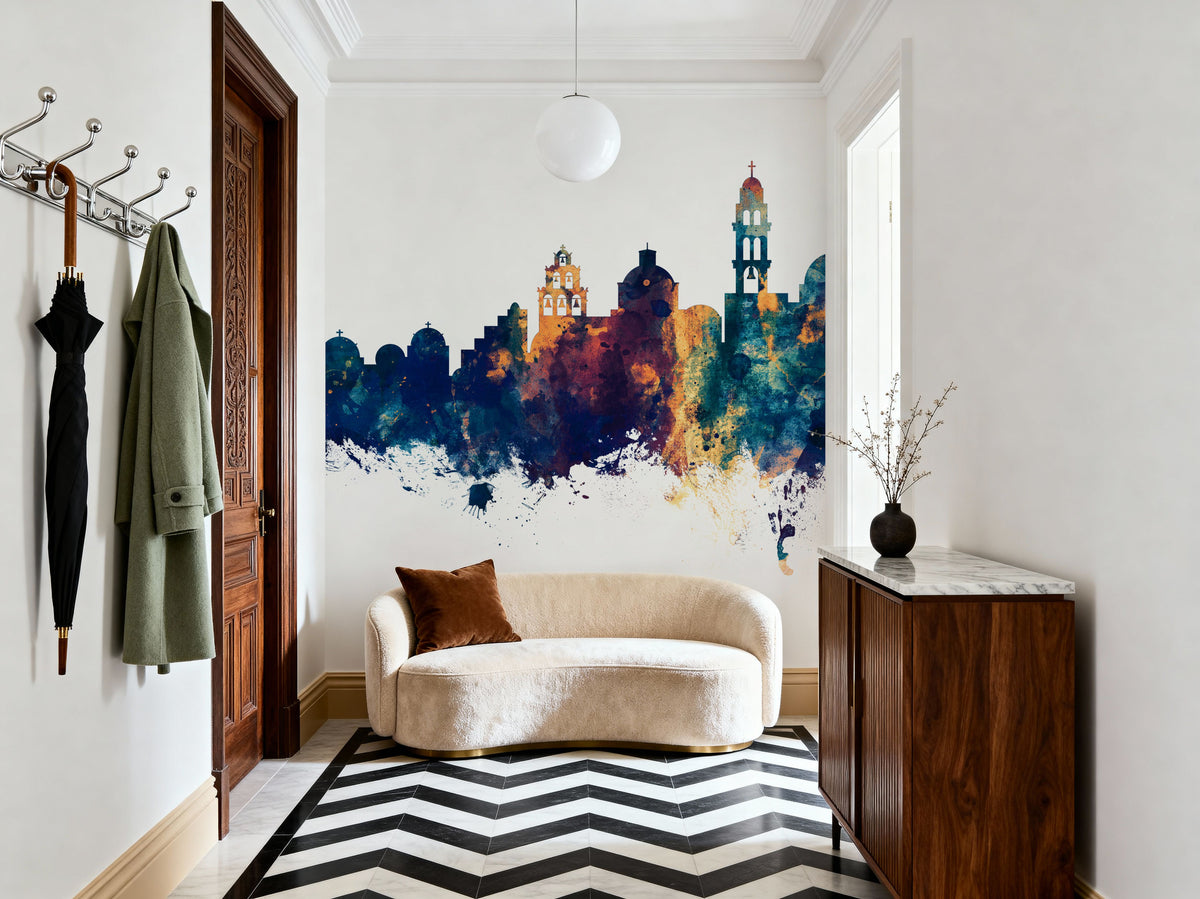 Santorini Skyline Blue & Bronze Mural Wallpaper - room preview 05