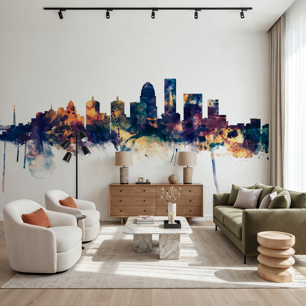 Louisville Kentucky Skyline Blue & Bronze Mural Wallpaper - room preview 05