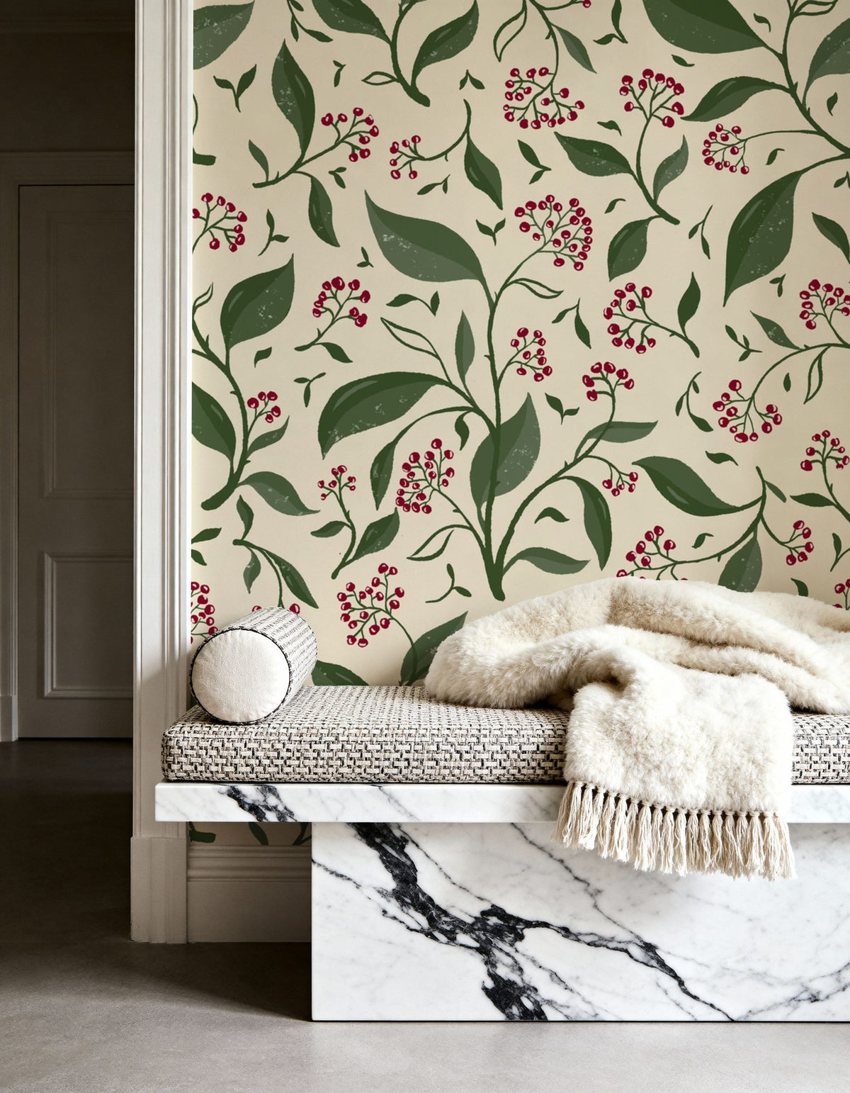 Winter Berries, Cream Mural Wallpaper - room preview 05