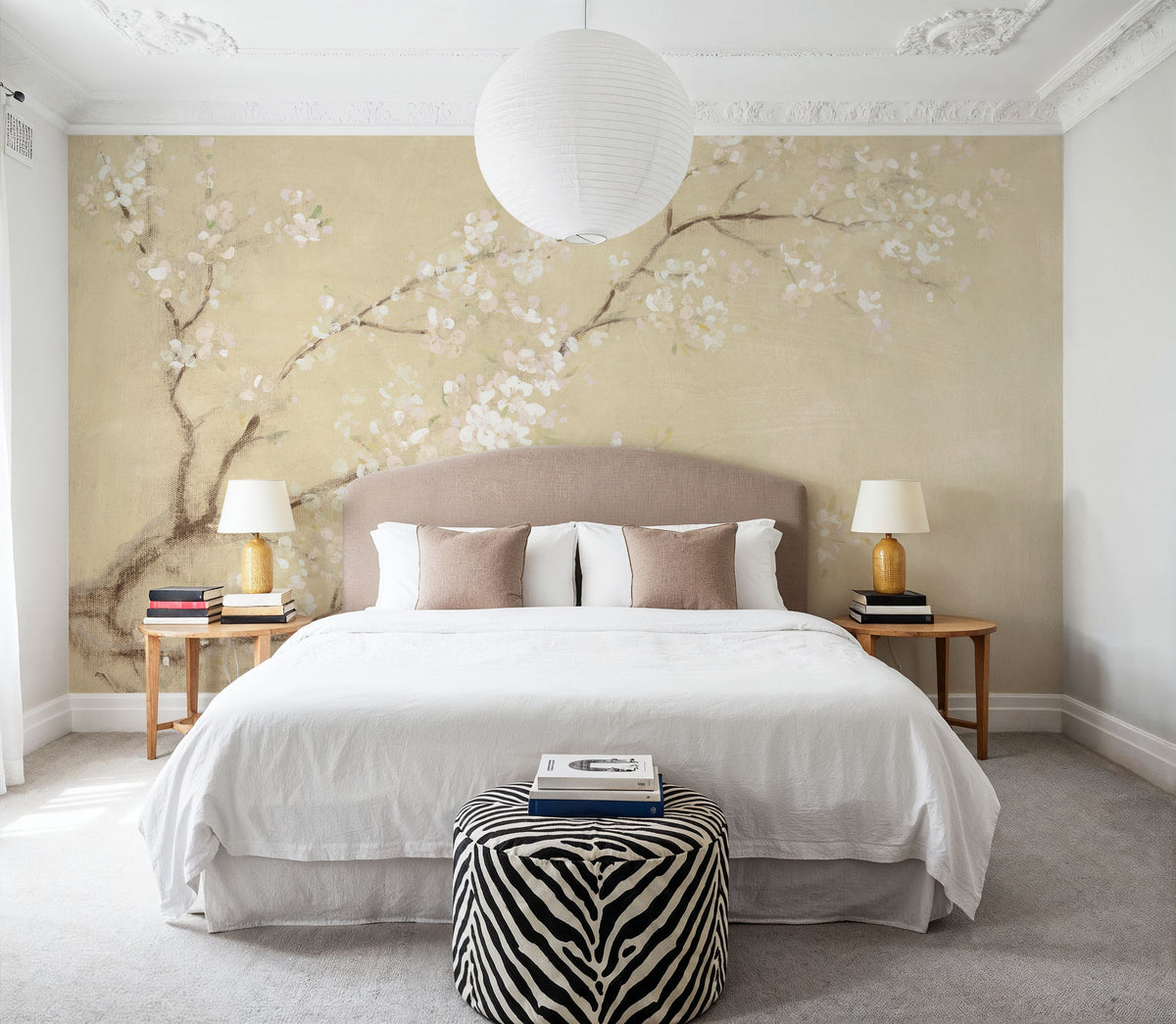 White Cherry Blossoms I Linen Mural Wallpaper - room preview 05