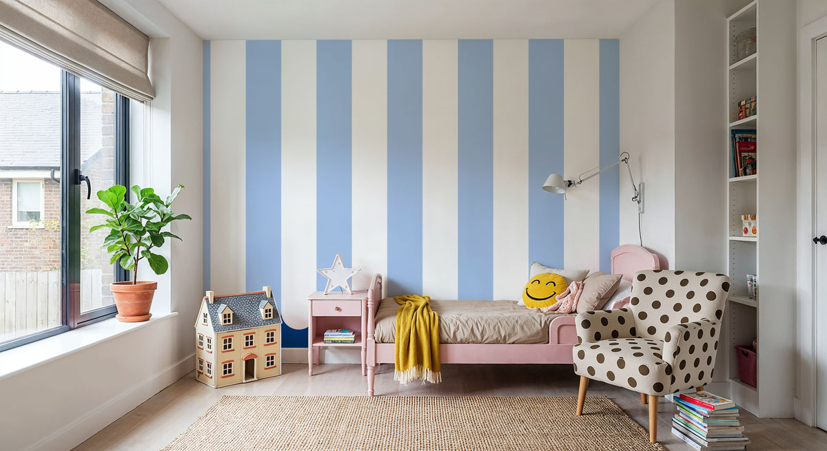 Scalloped Circus Stripes, Baby Blue Mural Wallpaper - room preview 05