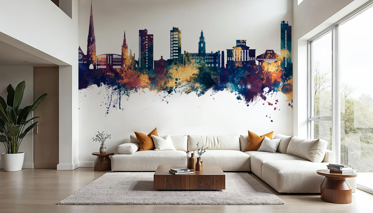 Preston England Skyline Blue & Bronze Mural Wallpaper - room preview 05