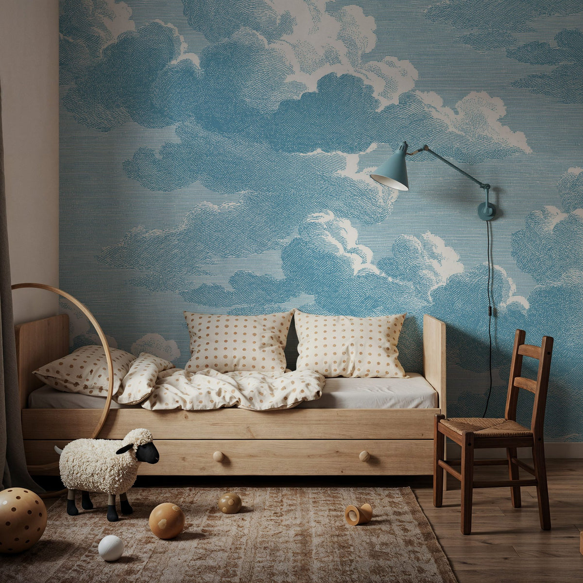 Intaglio Clouds, Washed Demin Mural Wallpaper - room preview 05