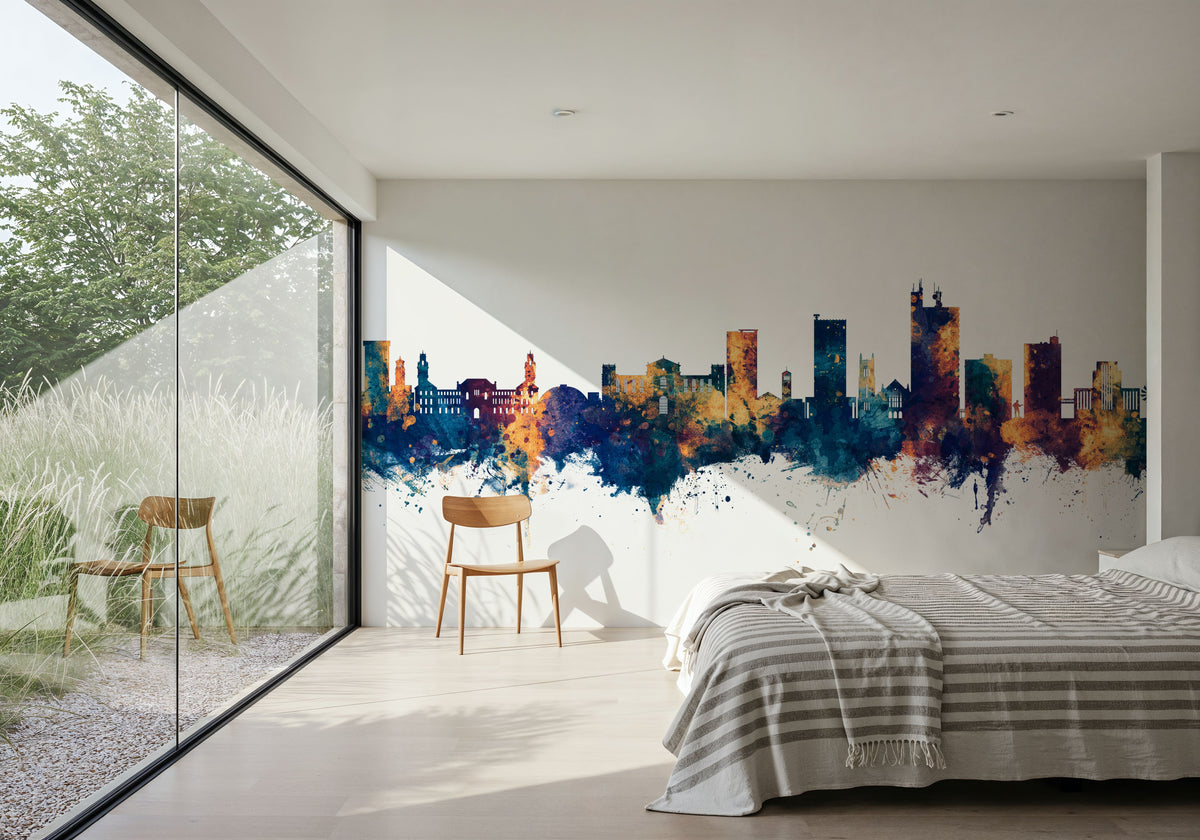 Lubbock Texas Skyline Blue & Bronze Mural Wallpaper - room preview 05