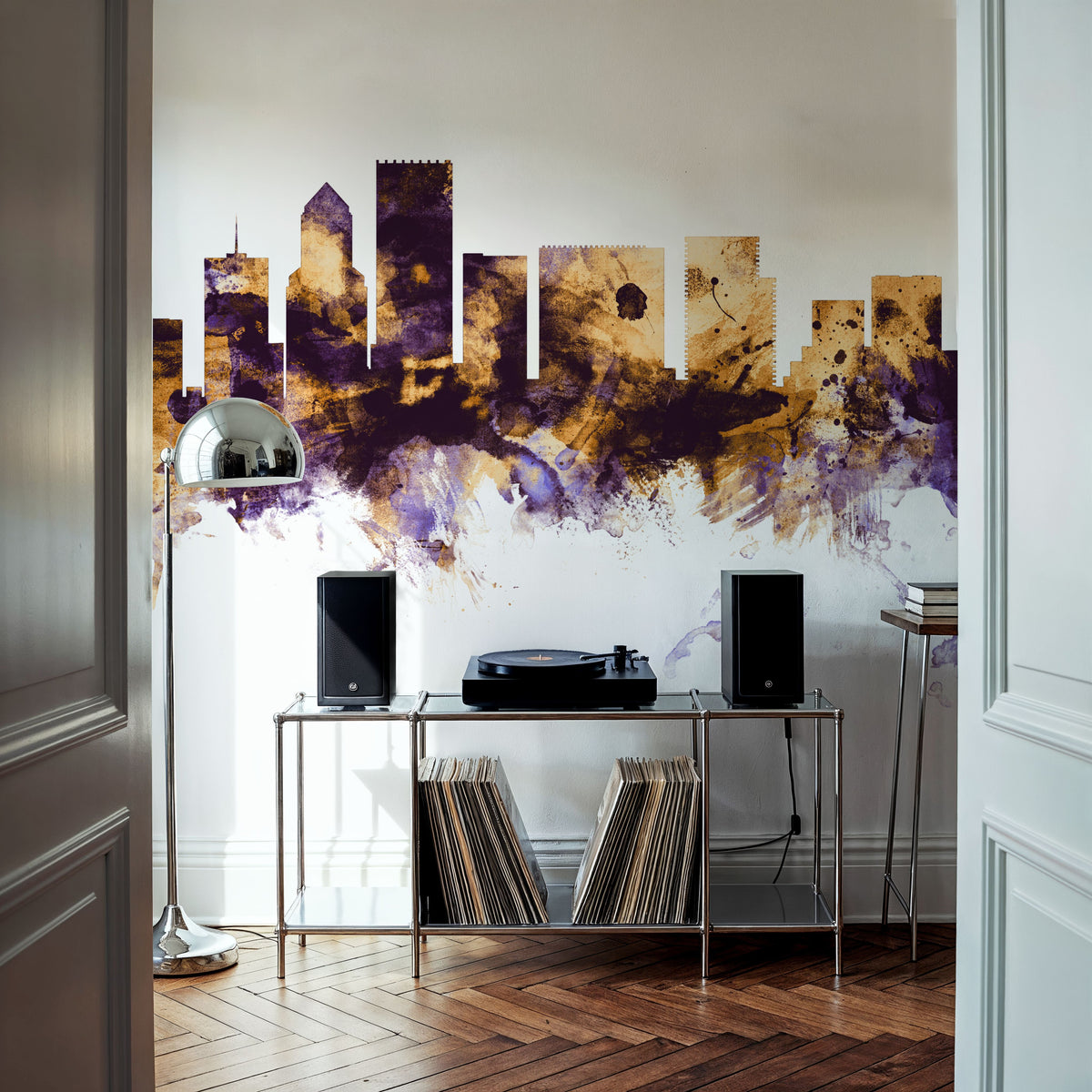 Portland Oregon Skyline Purple & Gold Mural Wallpaper - room preview 05