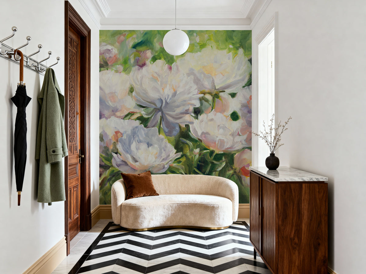 White Impressionistic Peonies Mural Wallpaper - room preview 05