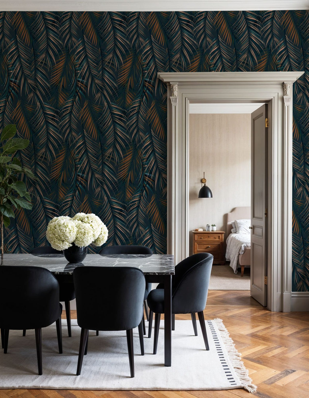 Swaying Palm Leaves, Teal Mural Wallpaper - room preview 05