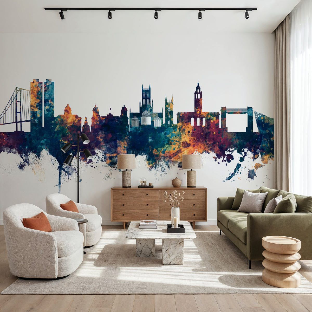 Kingston Upon Hull England Skyline Blue & Bronze Mural Wallpaper - room preview 05