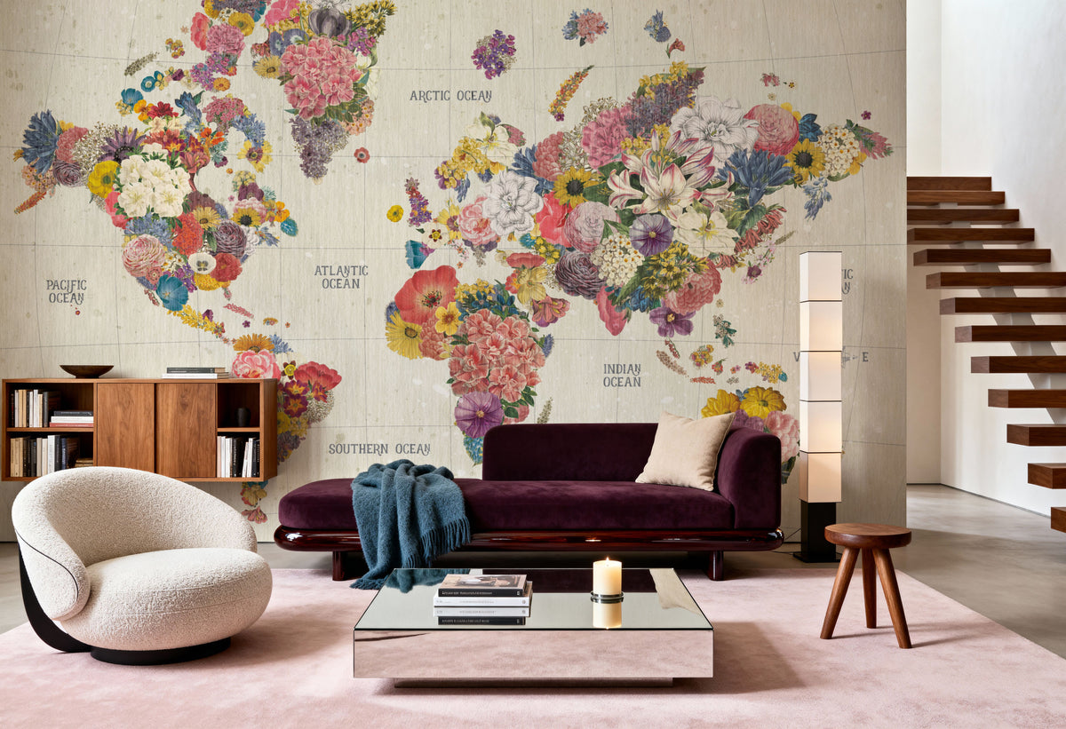 Botanical Floral Map Light Words Mural Wallpaper - room preview 05