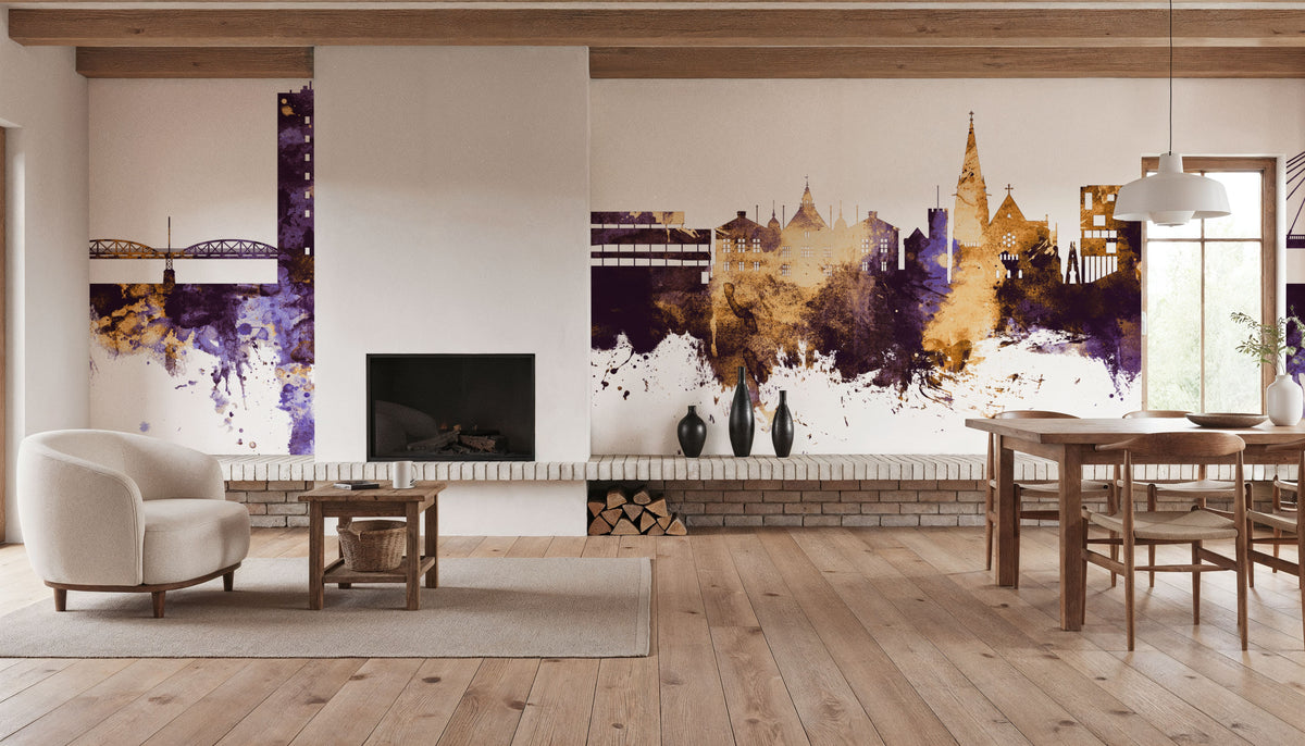 Umeå Skyline Purple & Gold Mural Wallpaper - room preview 05