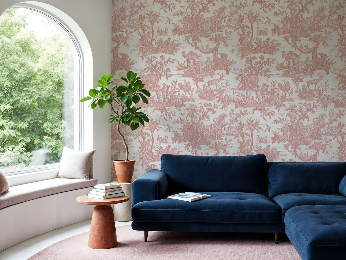 Patinated Linen Toile De Jouy, Rose Mural Wallpaper - room preview 05