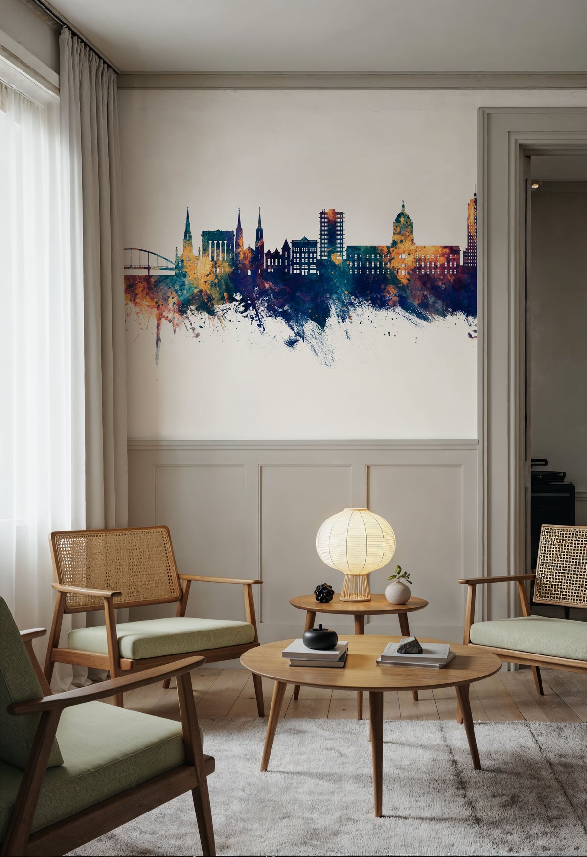 Fort Wayne Indiana Skyline Blue & Bronze Mural Wallpaper - room preview 05
