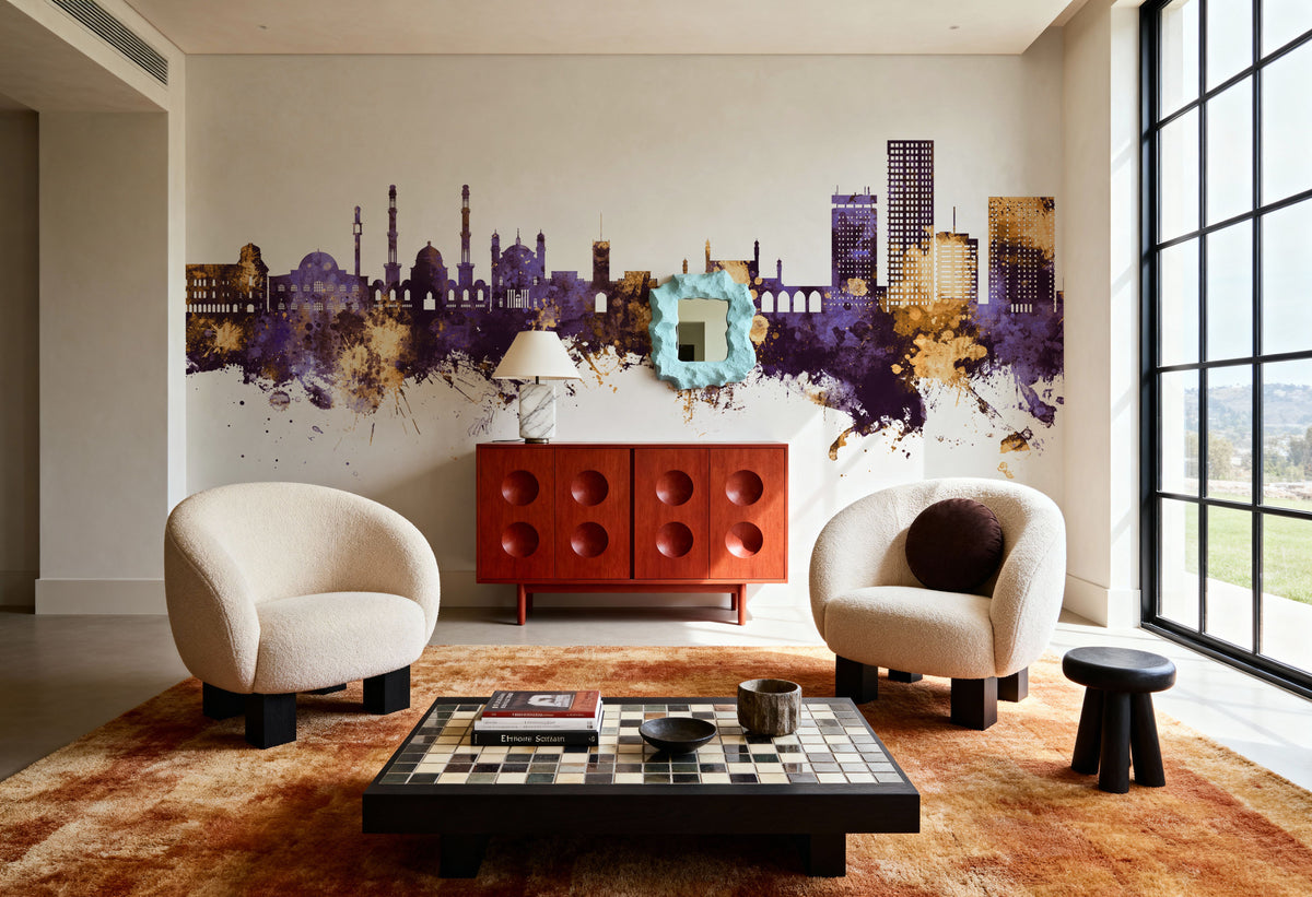 Kabul Afghanistan Skyline Purple & Gold Mural Wallpaper - room preview 05