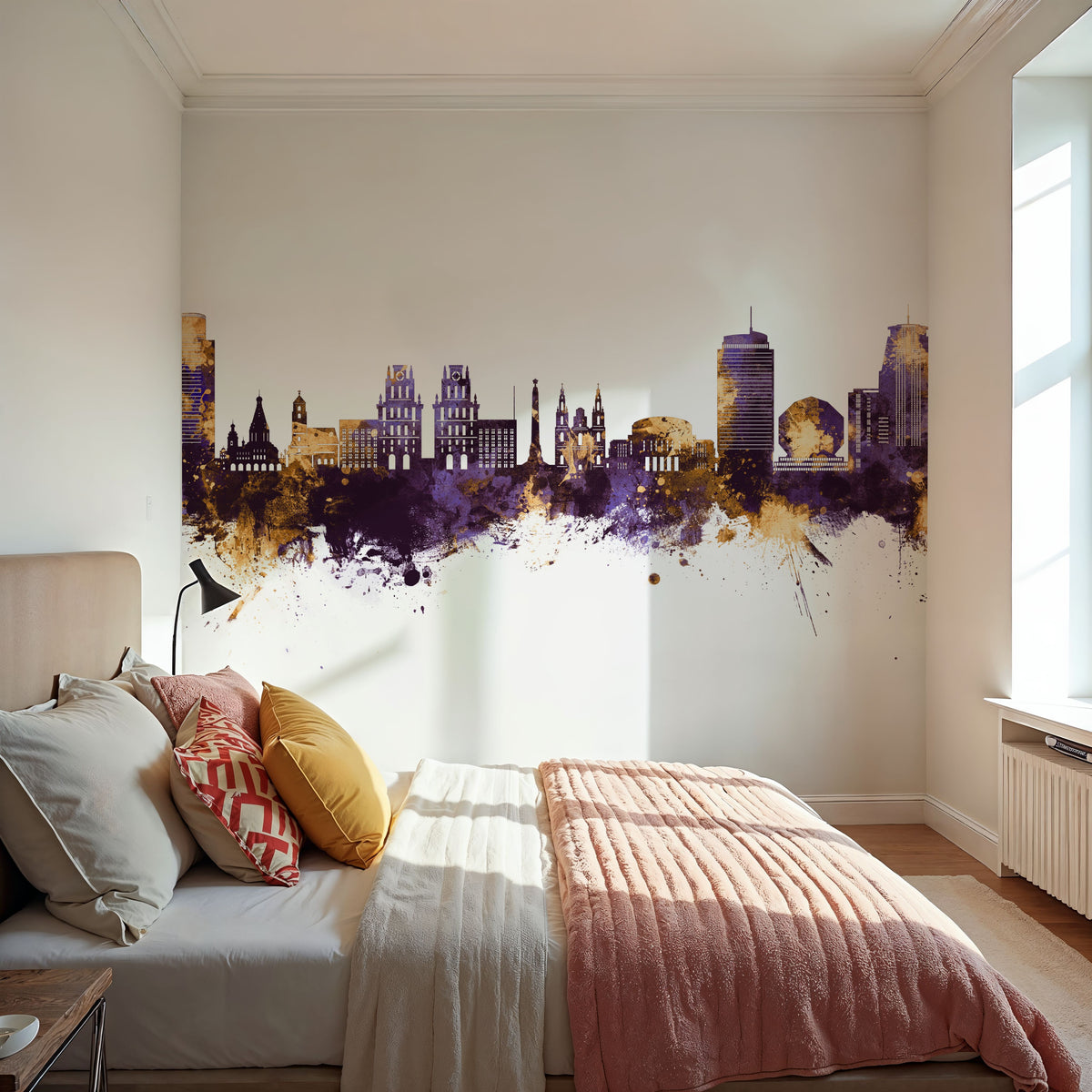 Minsk Belarus Skyline Purple & Gold Mural Wallpaper - room preview 05
