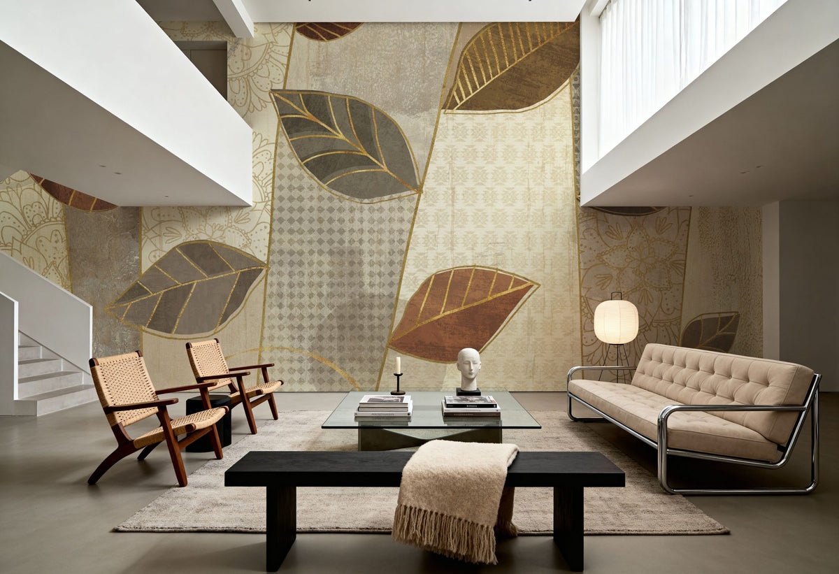 Bohemian Leaves I Neutral Mural Wallpaper - room preview 05
