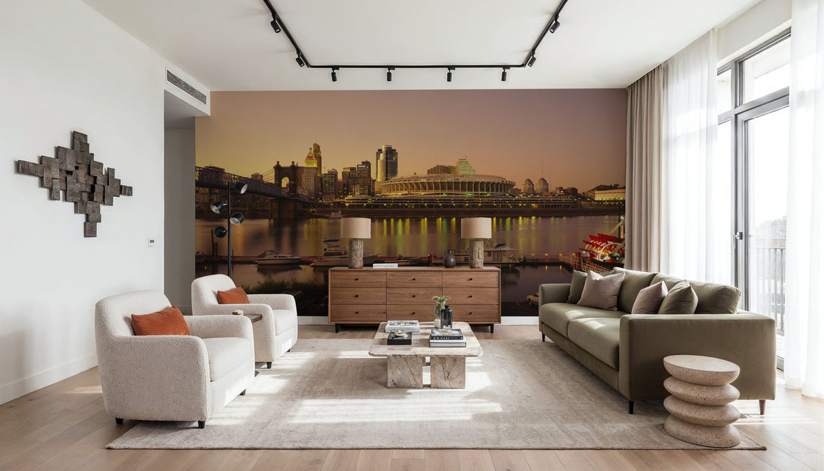 Riverfront Sunset Panorama Mural Wallpaper - room preview 05
