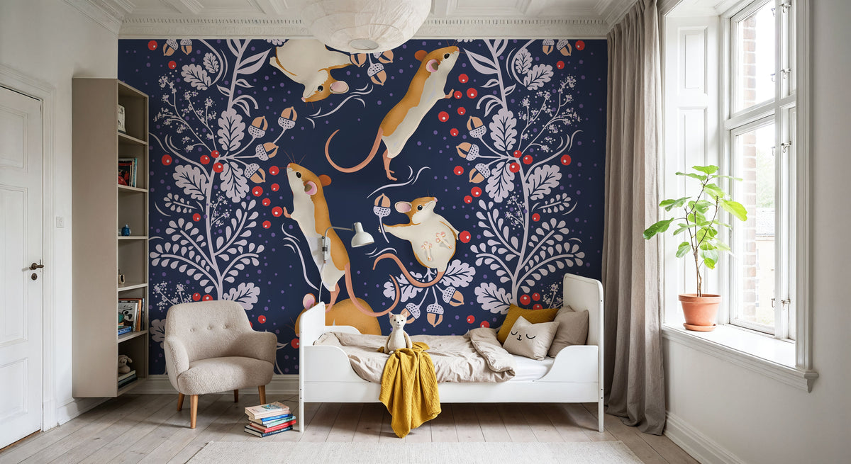 Holiday Mice, Blue Mural Wallpaper - room preview 05