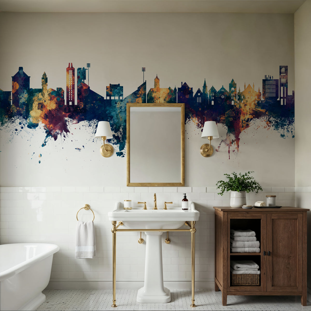 Lawrence Kansas Skyline Blue & Bronze Mural Wallpaper - room preview 05