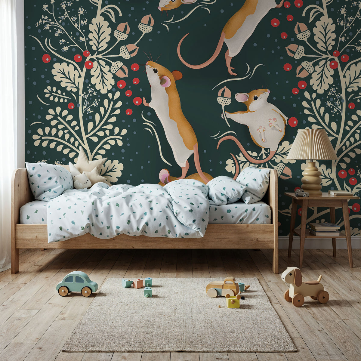 Holiday Mice, Emerald Mural Wallpaper - room preview 05
