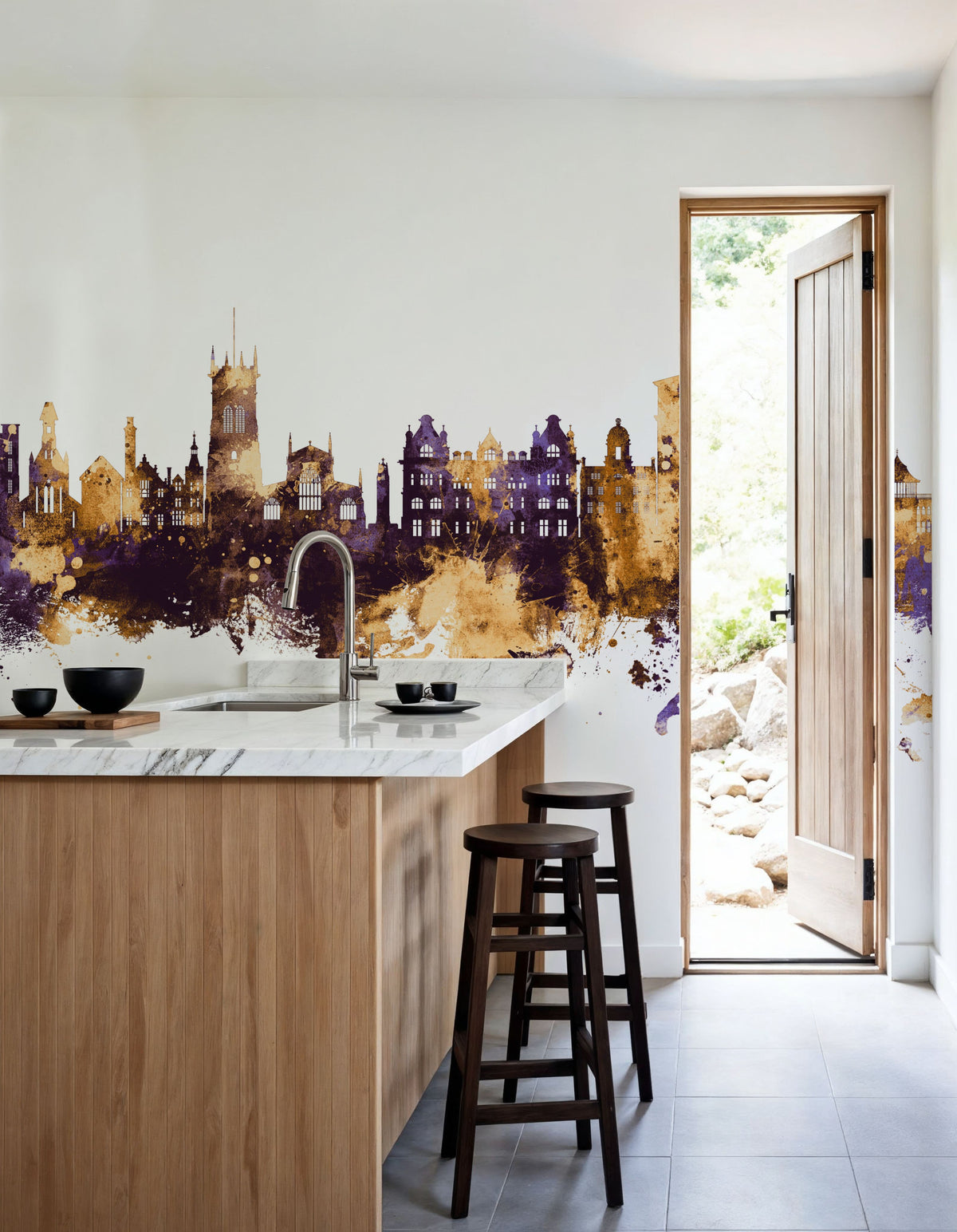 Wigan England Skyline Purple & Gold Mural Wallpaper - room preview 05
