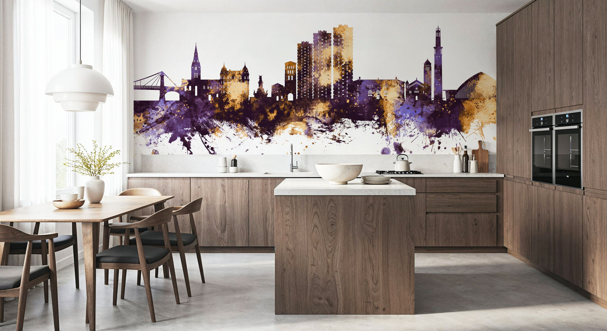 Grenoble Skyline Purple & Gold Mural Wallpaper - room preview 05