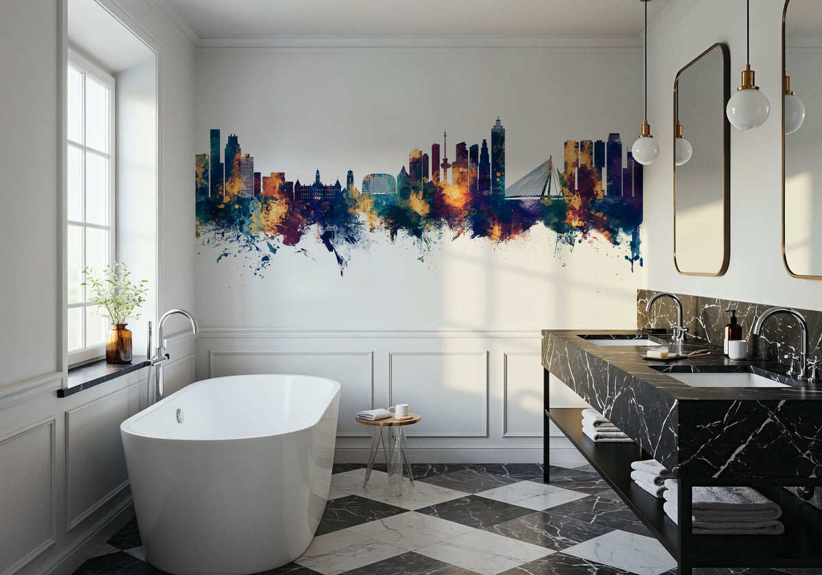 Rotterdam the Netherands Skyline Blue & Bronze Mural Wallpaper - room preview 05