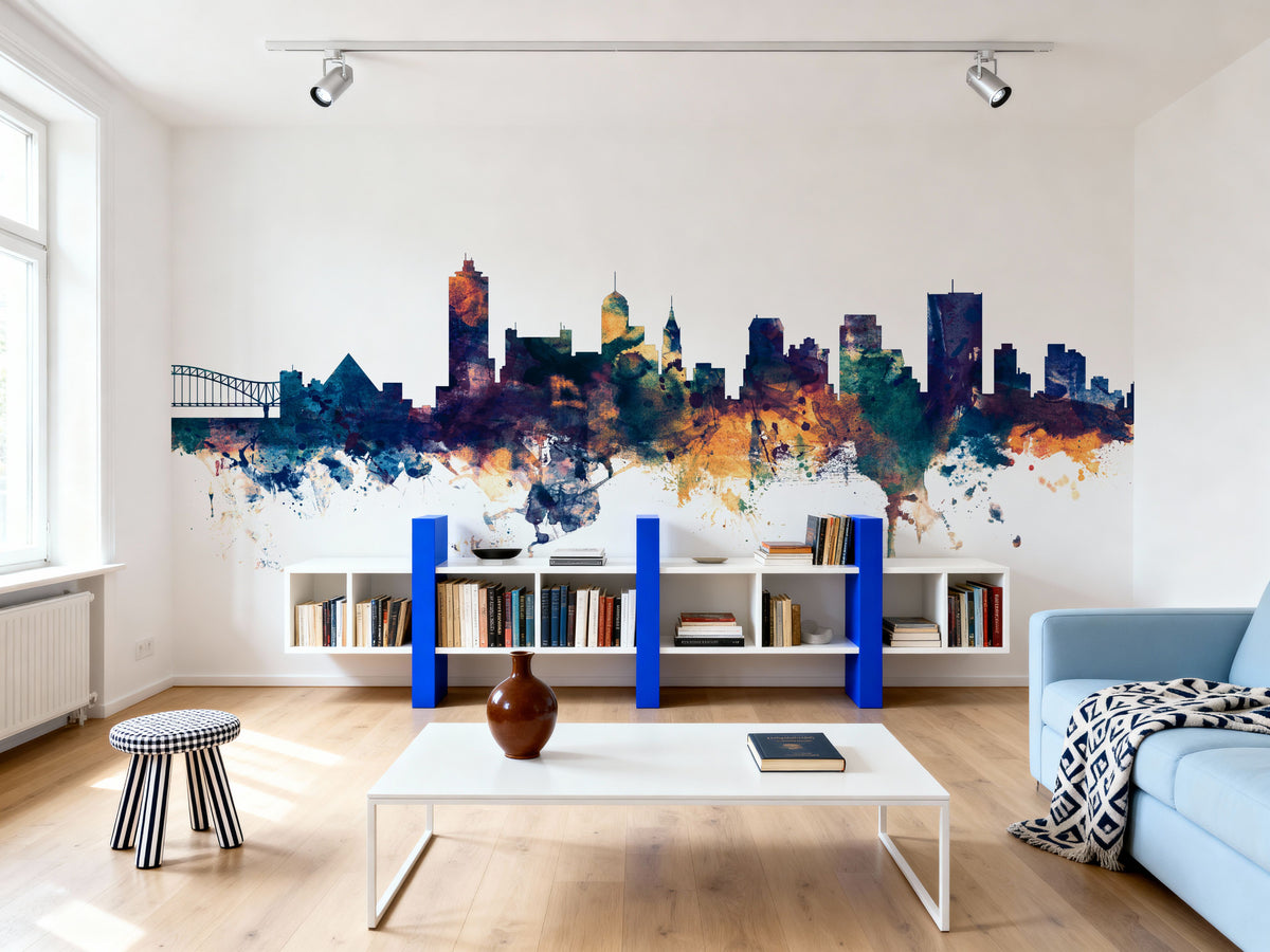 Memphis Tennessee Skyline Blue & Bronze Mural Wallpaper - room preview 05