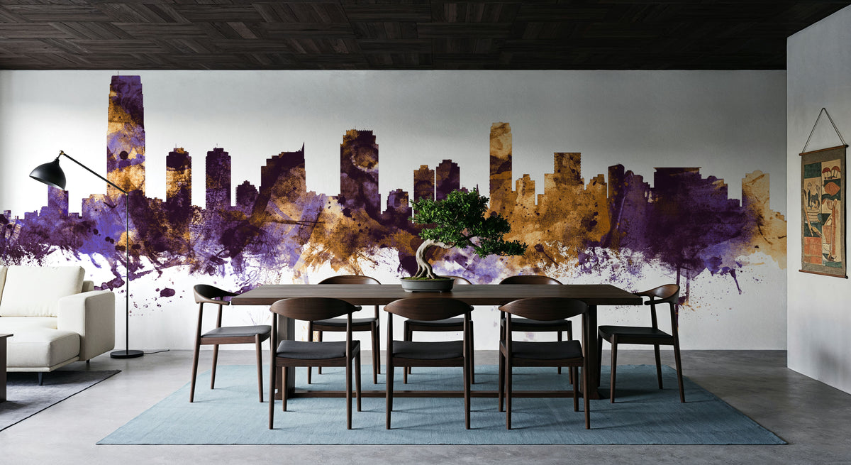 Jersey City New York Skyline Purple & Gold Mural Wallpaper - room preview 05