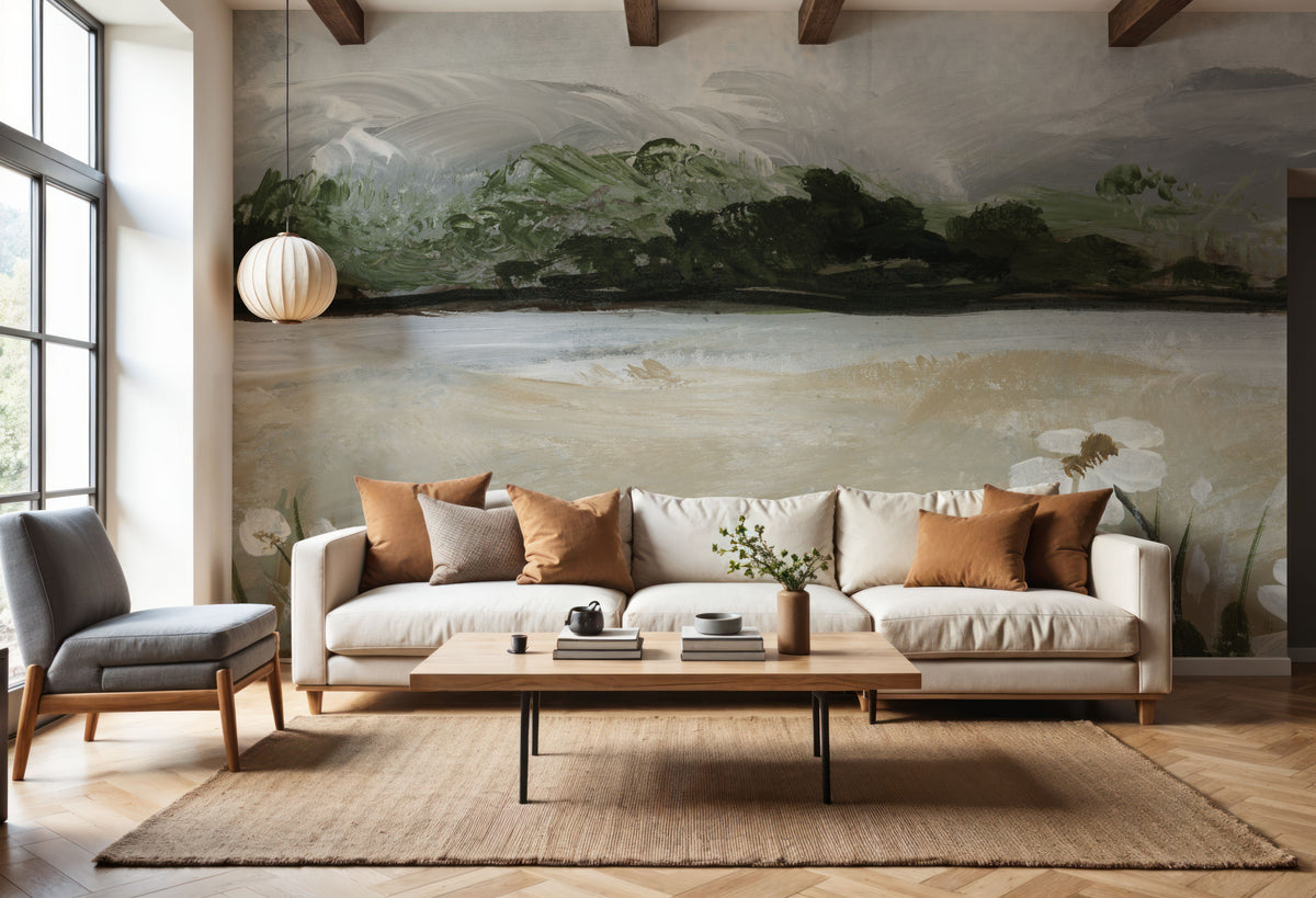 Wildflowers Among the Landscape Mural Wallpaper - Neutral Tone - room preview 05
