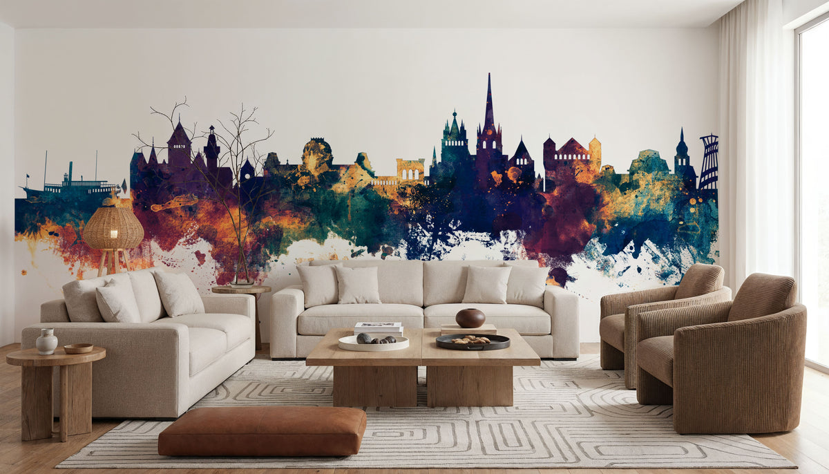 Lausanne Switzerland Skyline Blue & Bronze Mural Wallpaper - room preview 05
