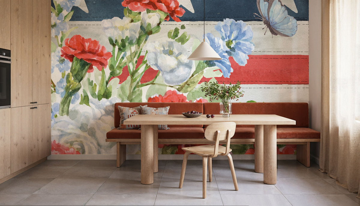 Red White and Blue Floral VI Mural Wallpaper - room preview 05
