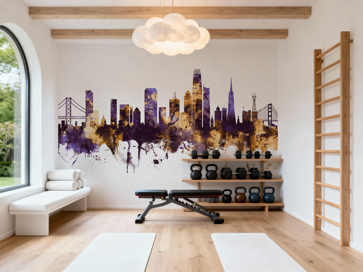 San Francisco Skyline Purple & Gold Mural Wallpaper - room preview 05
