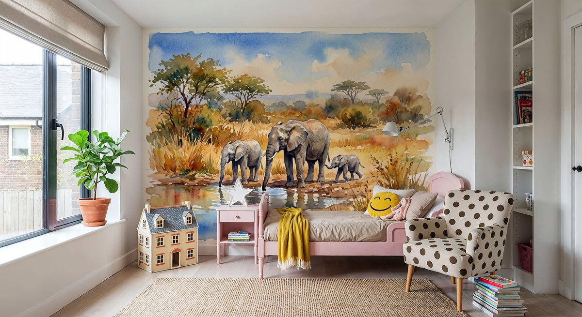 Elephants by the Water Hole - Watercolor Landscapes Series Mural Wallpaper - room preview 05