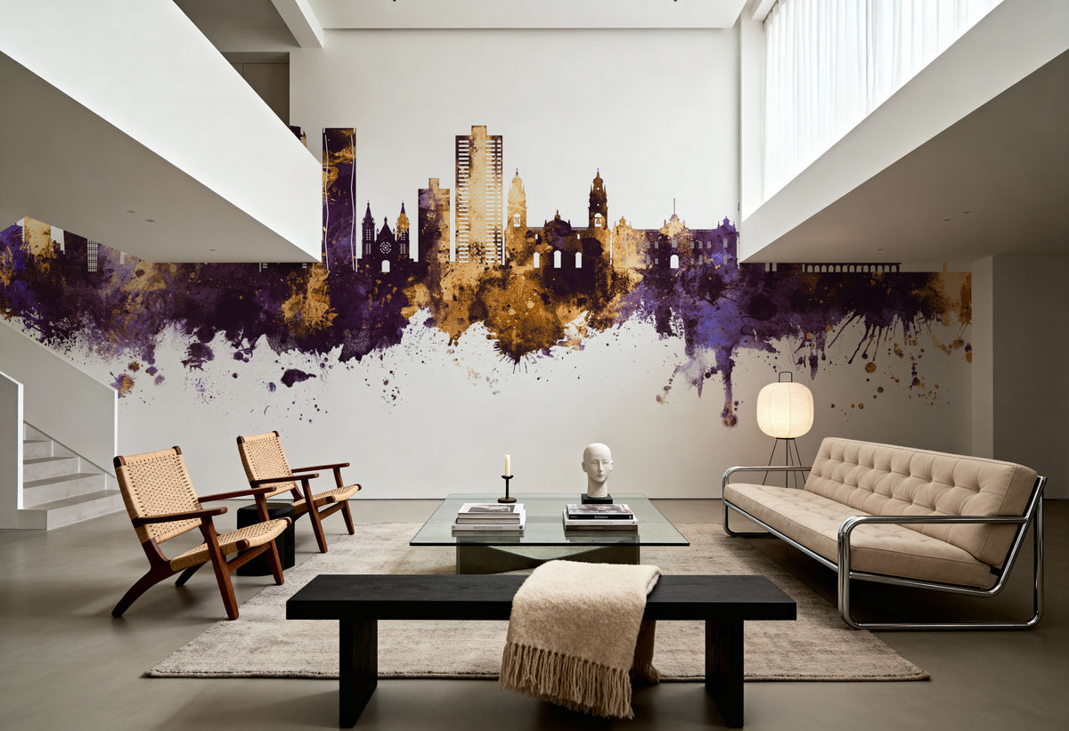 Lima Peru Skyline Purple & Gold Mural Wallpaper - room preview 05