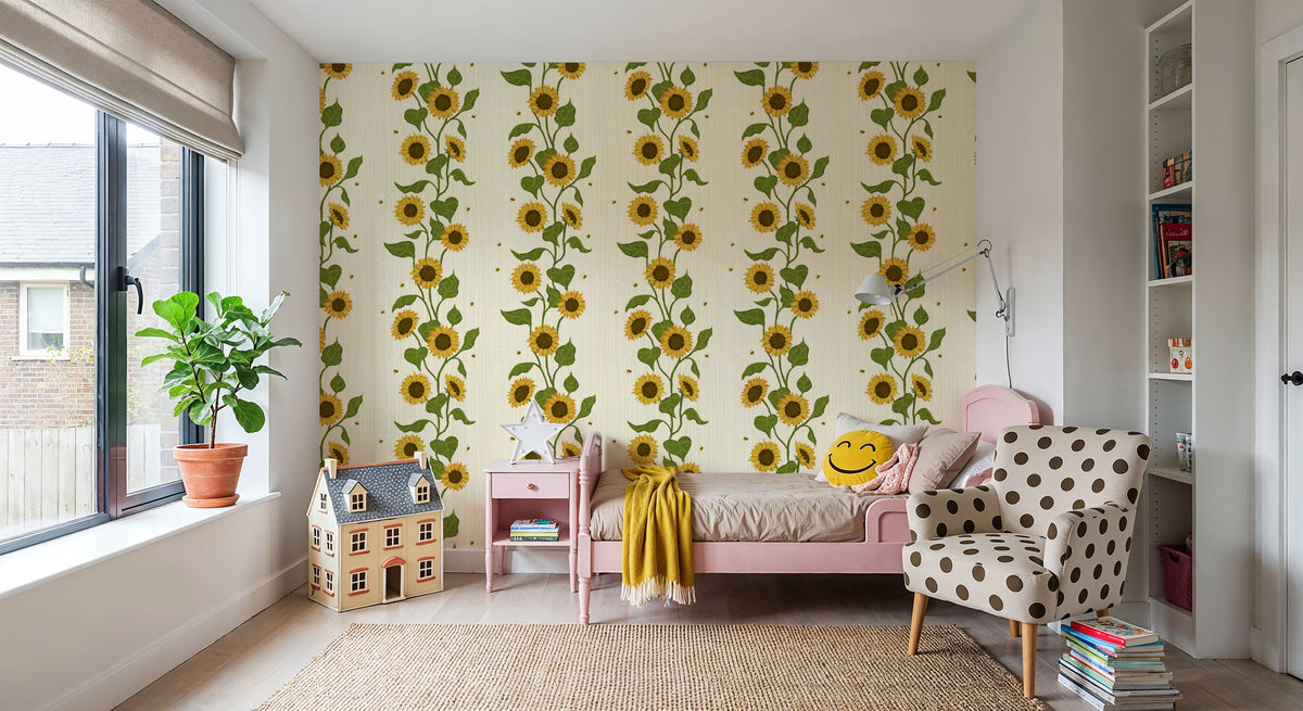 Sunflower Stripes, Cream Mural Wallpaper - room preview 05
