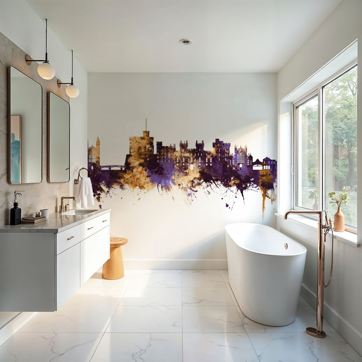 Windsor England Skyline Purple & Gold Mural Wallpaper - room preview 05