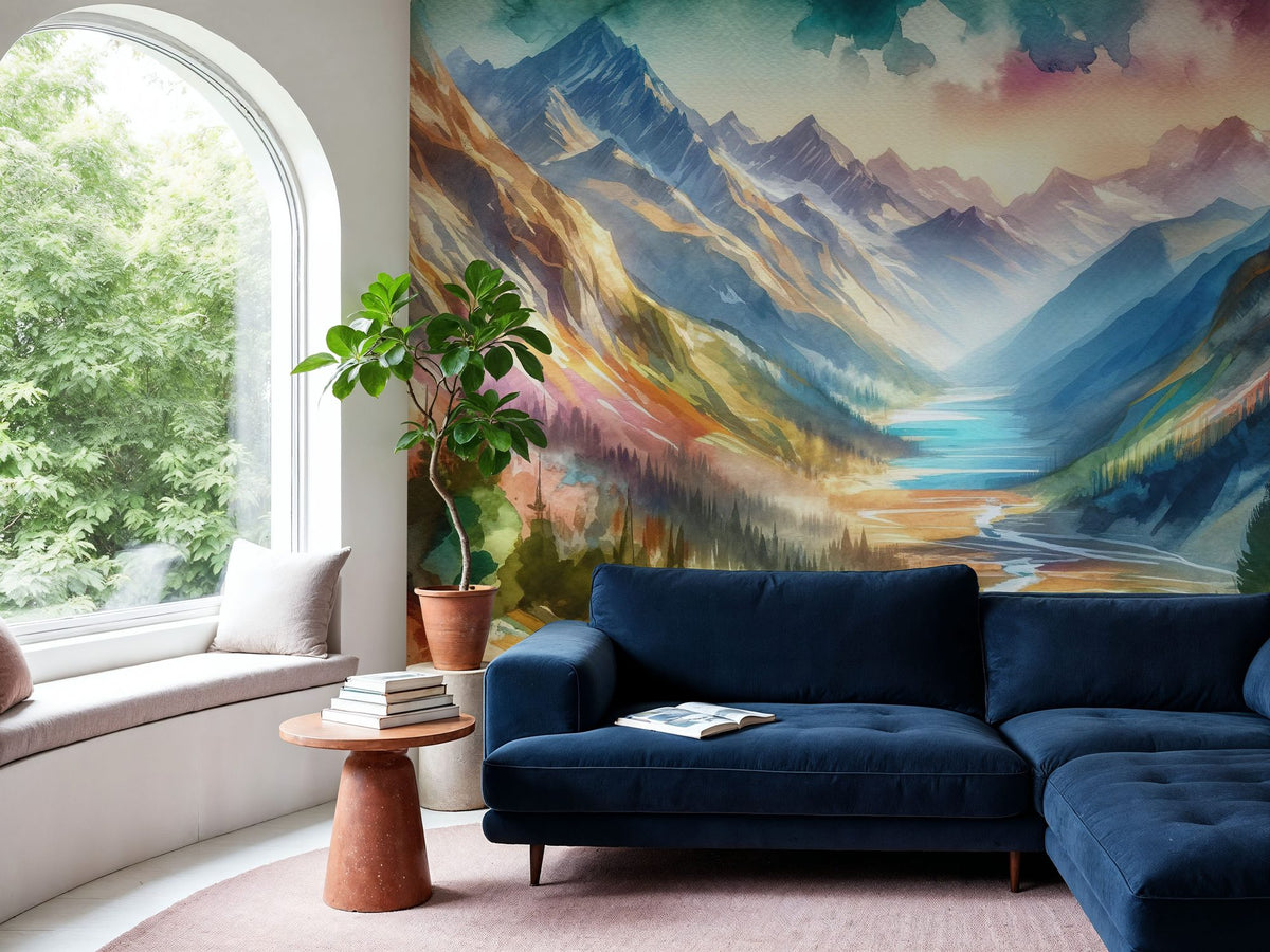 Colorful Mountain Valley Landscape Mural Wallpaper - room preview 05