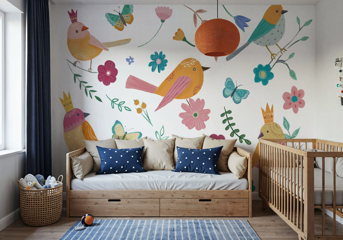 Royal Birds on White Mural Wallpaper - room preview 05