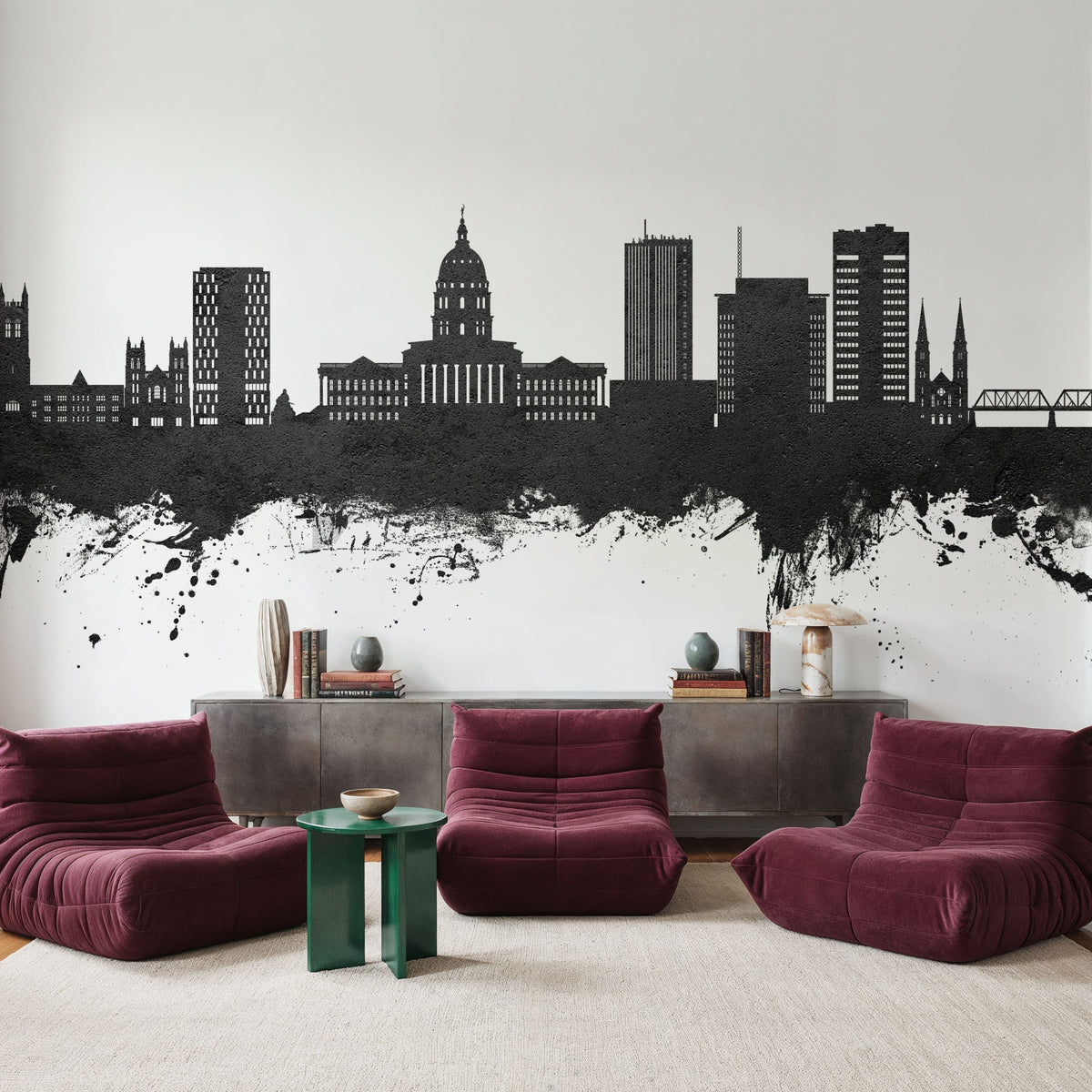 Topeka Wyoming Skyline Black & White Mural Wallpaper - room preview 05