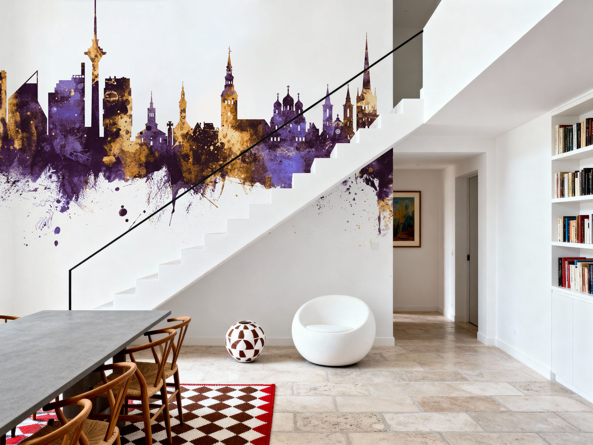 Tallinn Estonia Skyline Purple & Gold Mural Wallpaper - room preview 05