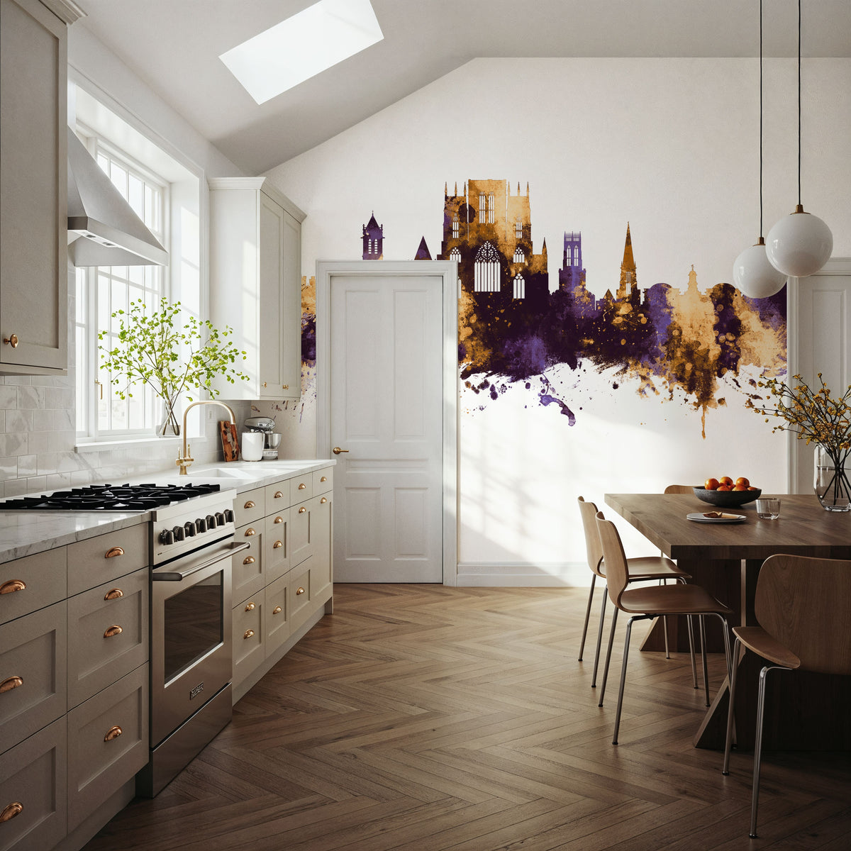 York England Skyline Purple & Gold Mural Wallpaper - room preview 05