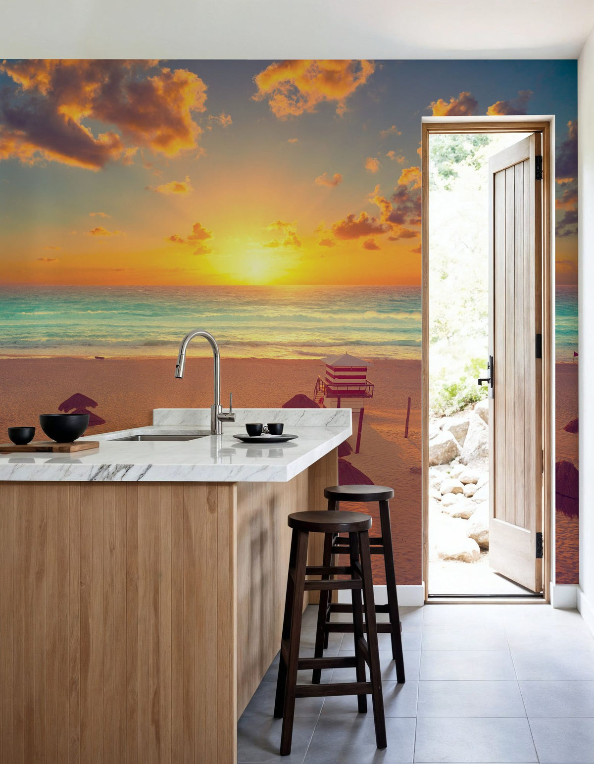 Golden Shore Sunrise Mural Wallpaper - Red Tone - room preview 05